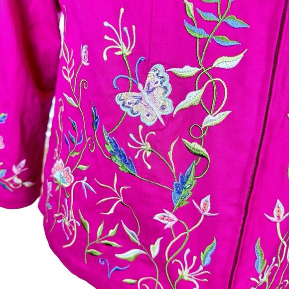 Quacker Factory Jacket Floral Butterfly Embroidered Full Zip Hot Pink Size Large - Picture 2 of 10